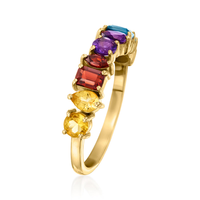 14kt yellow gold ring with marquise multicolor gemstones, including purple, red, and yellow