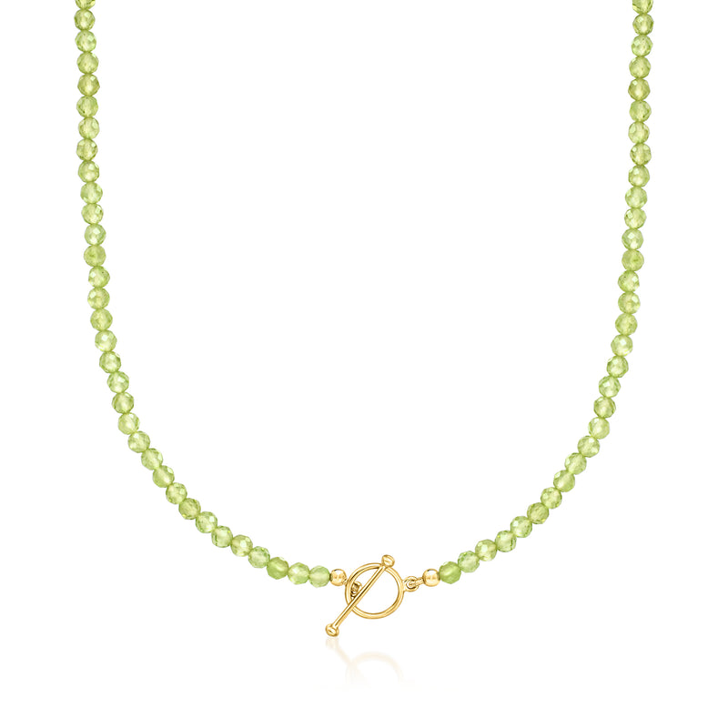 Peridot bead toggle necklace with gold clasp and round light-green beads