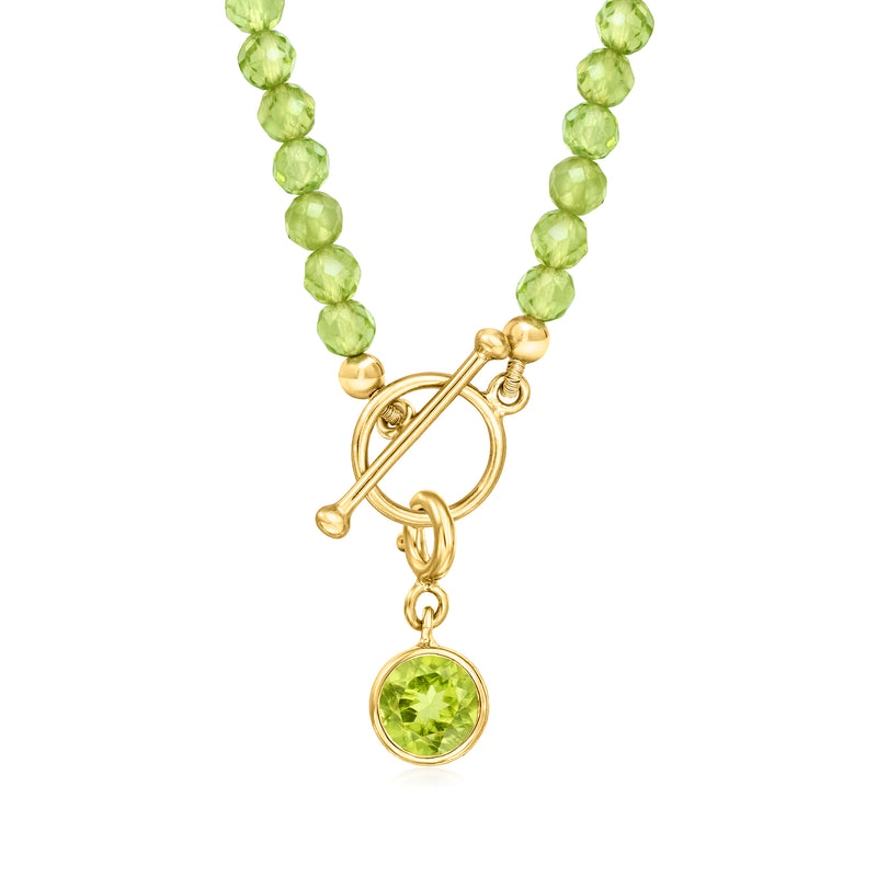 Peridot bead toggle necklace with gold clasp and dangling round peridot charm