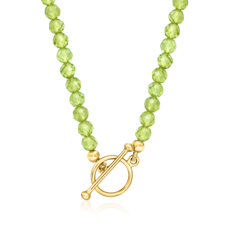 Peridot bead toggle necklace, round light-green beads with gold toggle clasp
