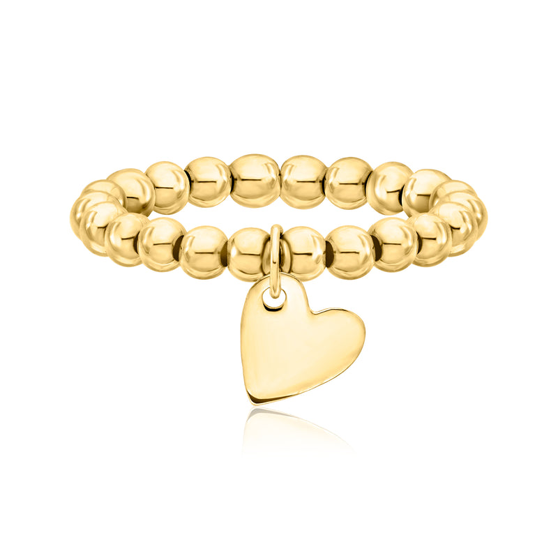 14kt yellow gold bead stretch ring with heart charm and round bead texture
