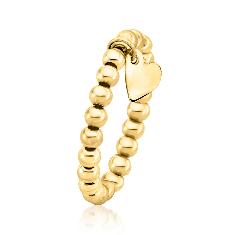 14kt yellow gold bead stretch ring with heart charm, side view