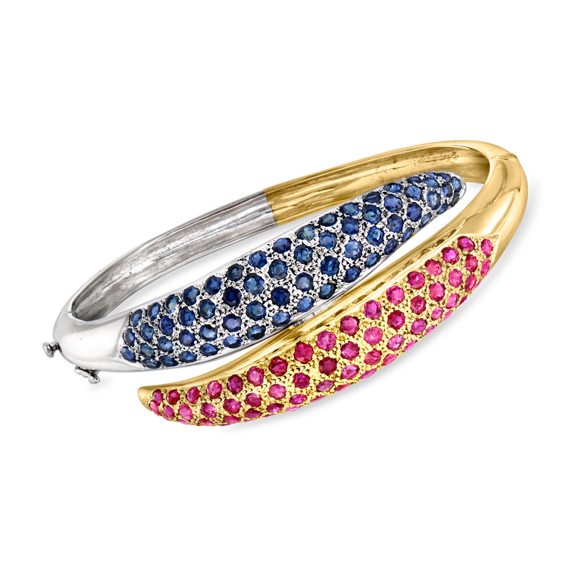 Two-tone gold bypass bracelet with blue sapphire and pink ruby stone rows