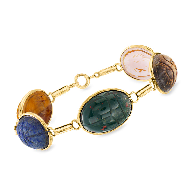 Vintage scarab bracelet in 10kt yellow gold with oval carved gemstone cabochons