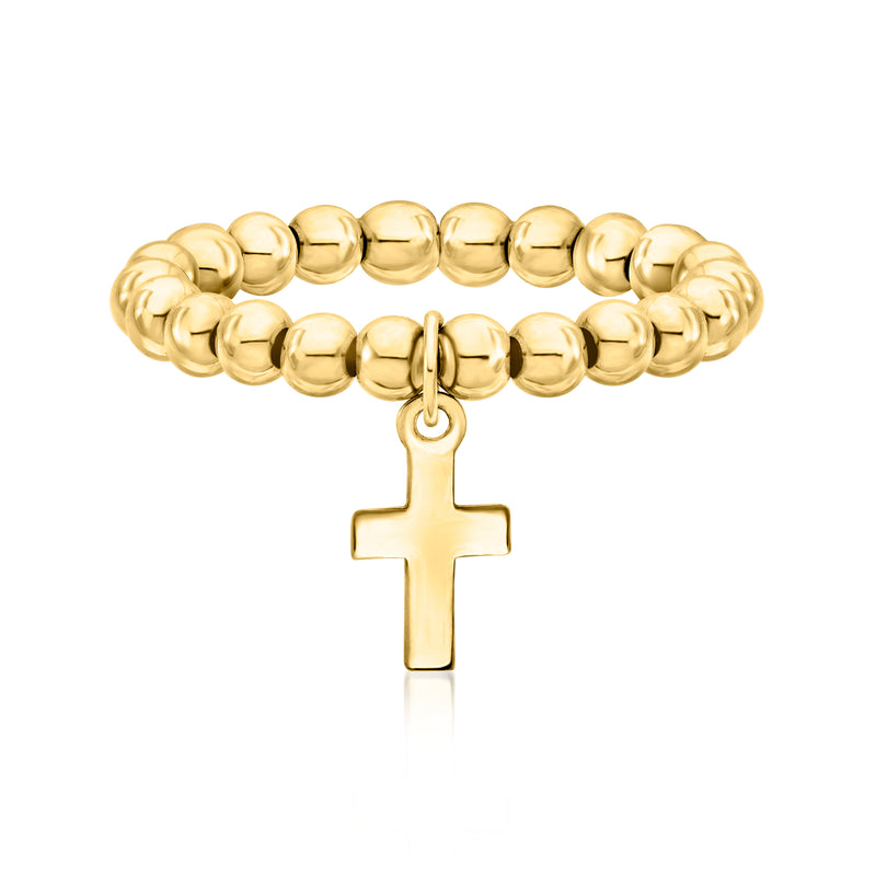 14kt yellow gold beaded stretch ring with small dangling cross charm