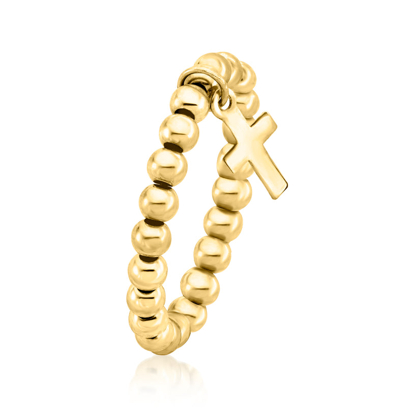 14kt yellow gold beaded stretch ring with cross charm, side view