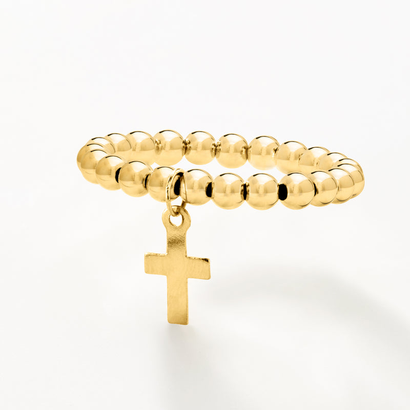 14kt yellow gold beaded stretch ring with cross charm and round bead detail