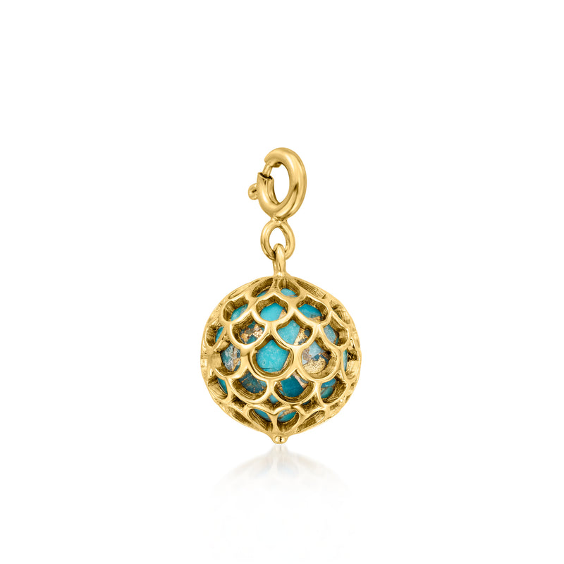 Turquoise scales charm with ornate gold filigree and teal stone centerpiece.