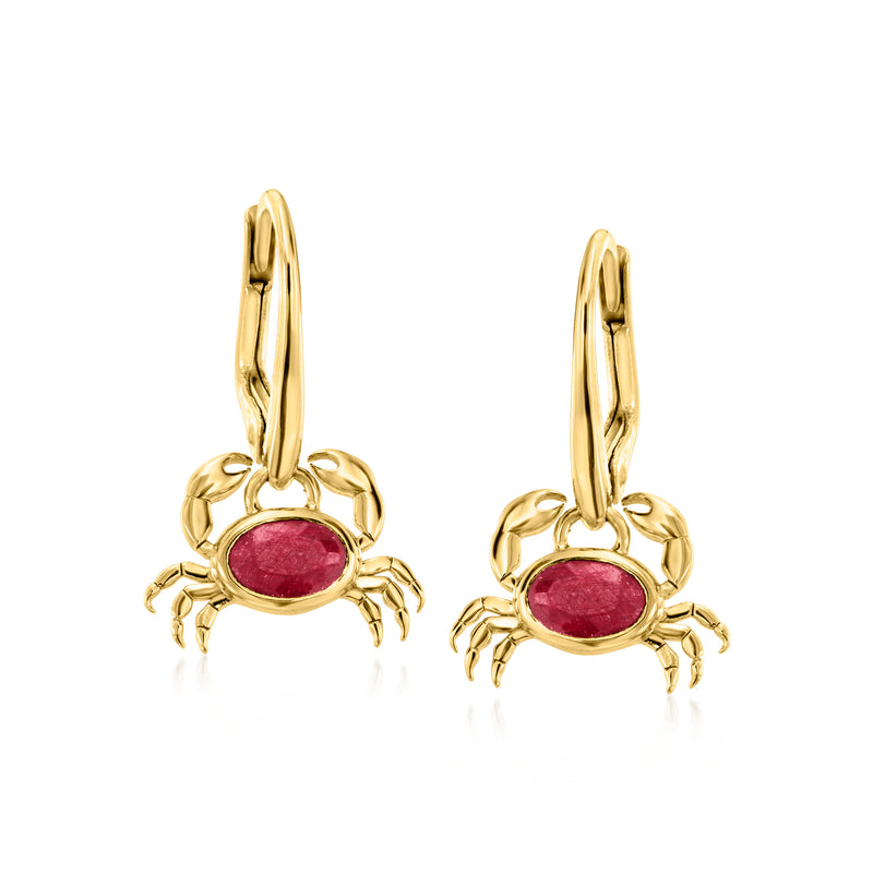 18kt gold over sterling crab drop earrings with oval ruby center, leverback