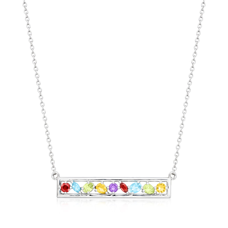 Sterling silver bar necklace with multicolor gemstone row and link chain
