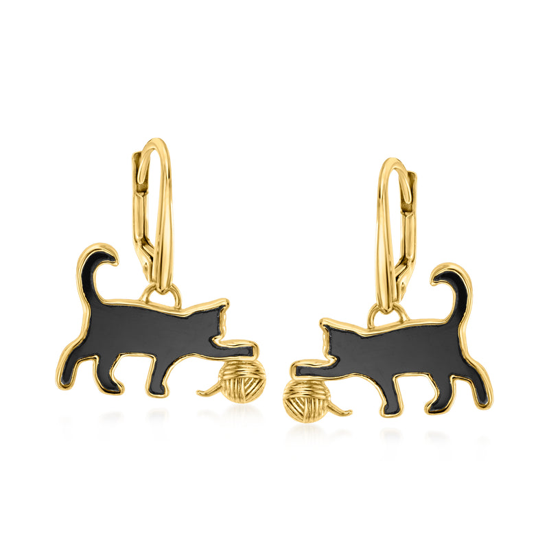 Onyx cat yarn drop leverback earrings, 18kt gold over sterling with black enamel cats