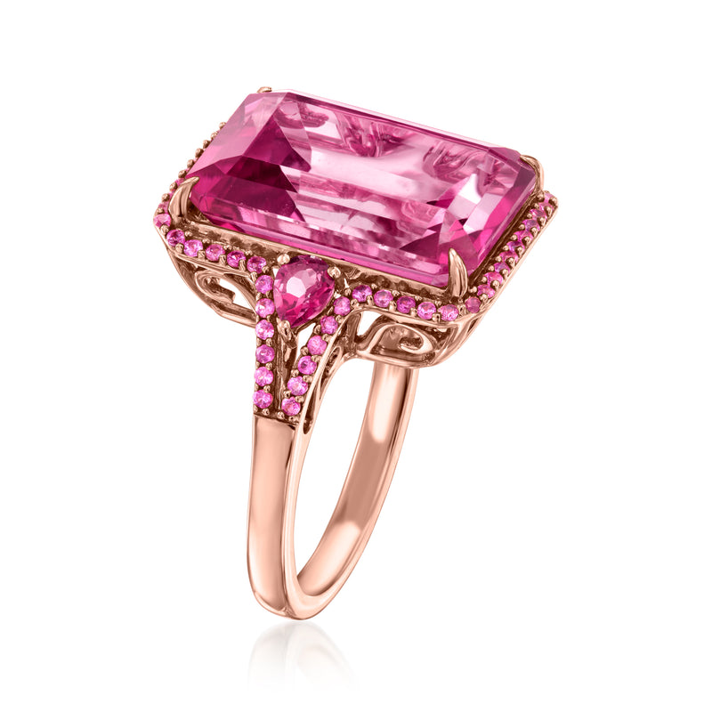 Rose gold ring with rectangular pink gemstone center and pink sapphire side accents