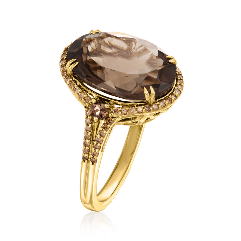Smoky quartz ring with brown diamonds in 14kt yellow gold