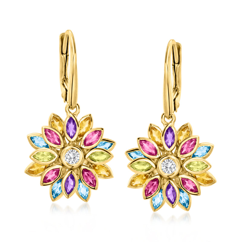 Gold flower drop earrings with multi-color gemstones and round crystal center