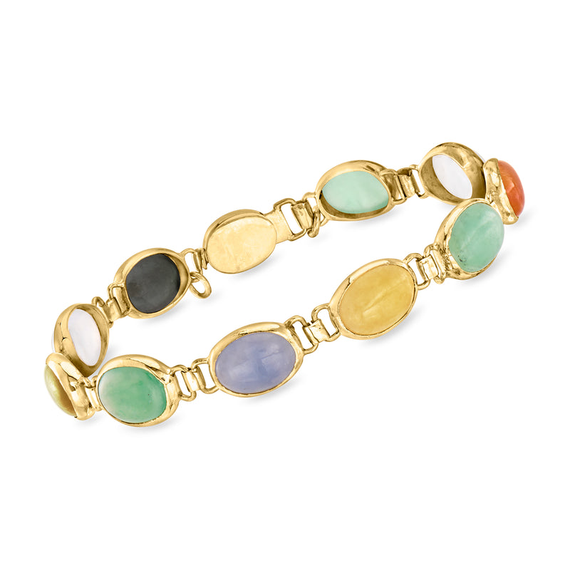Vintage yellow gold jade bracelet with multicolor oval cabochons and hinged links