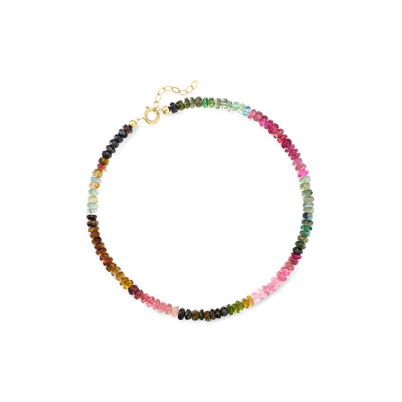 14kt yellow gold multicolored tourmaline bead anklet with round bead strand and clasp
