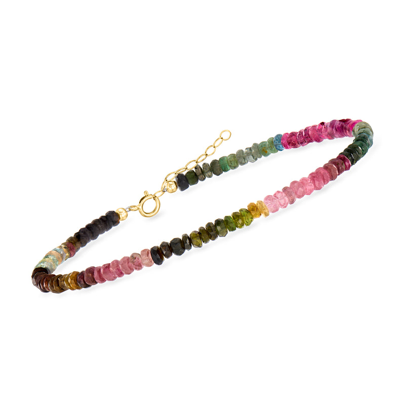 Multicolored tourmaline bead anklet with 14kt yellow gold clasp, bracelet shown angled