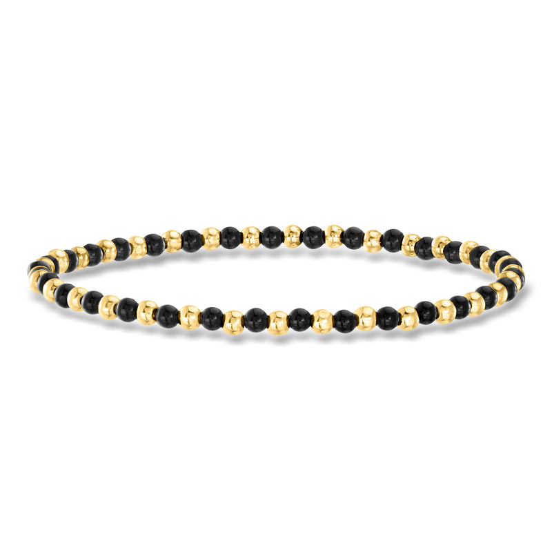 Black onyx bead and 10kt yellow gold bead stretch bracelet, round beaded design.