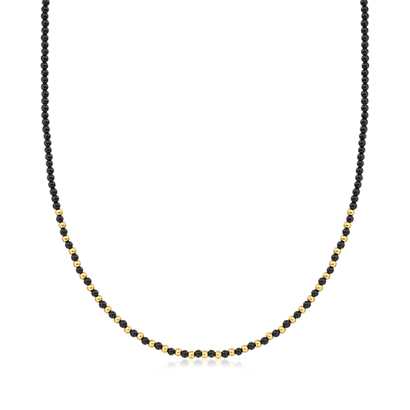 Black onyx bead necklace with 10kt yellow gold bead accents, round beaded strand
