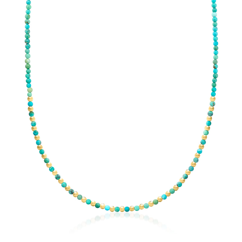 Turquoise bead necklace with 10kt yellow gold bead accents, round bead strand.