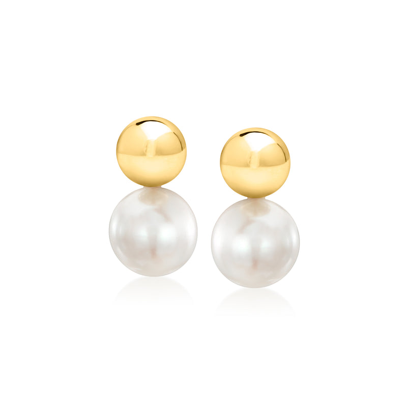 14kt yellow gold bead and white cultured pearl stud earrings with post backs