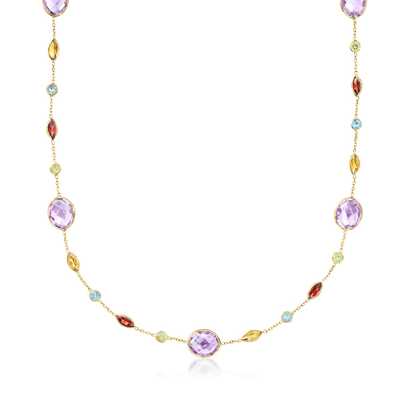 14kt yellow gold station necklace with oval amethyst and multicolor gemstones