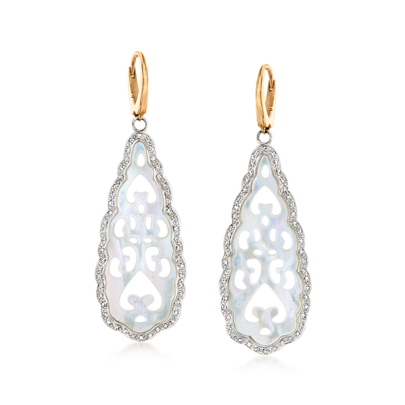 Vintage mother-of-pearl drop earrings with diamond-trimmed silver settings and hinged leverbacks