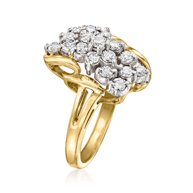 Diamond cluster ring with prong-set round stones on 14kt yellow gold band, side view