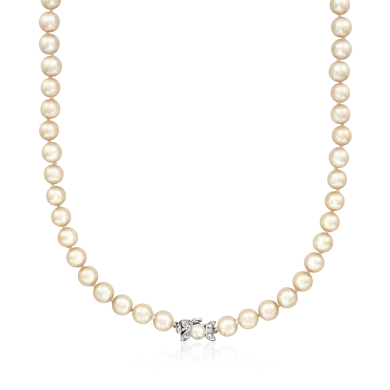 Vintage cultured pearl necklace with small diamond clasp in white gold