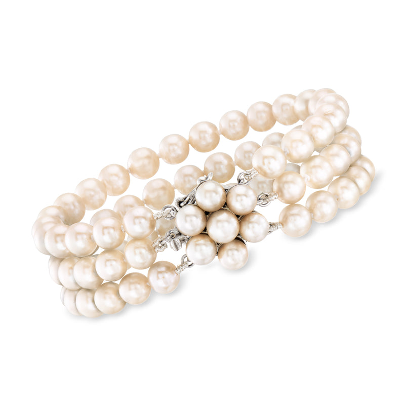 Three-row cultured pearl bracelet with silver-tone clasp, round white pearls