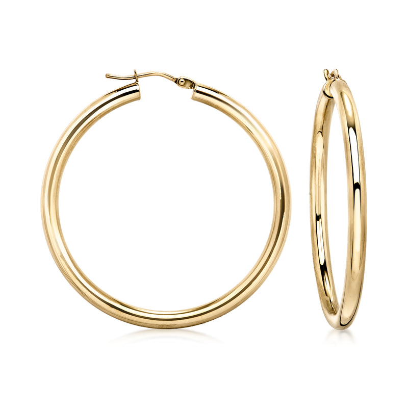Yellow gold hoop earrings with smooth round profile and hinged clasp