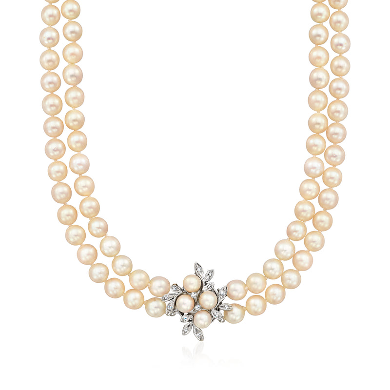 Two-row cultured pearl necklace with small diamond cluster clasp, white gold setting