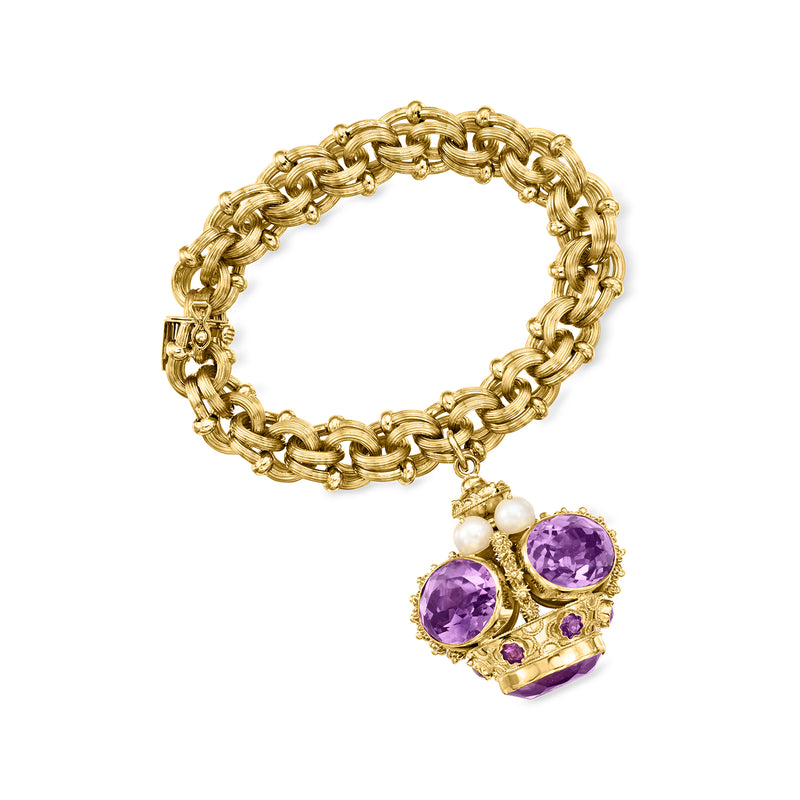 Vintage yellow gold charm bracelet with purple amethyst cluster and white cultured pearls