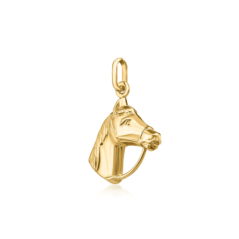 14kt yellow gold horse charm pendant, side profile with hanging bail loop