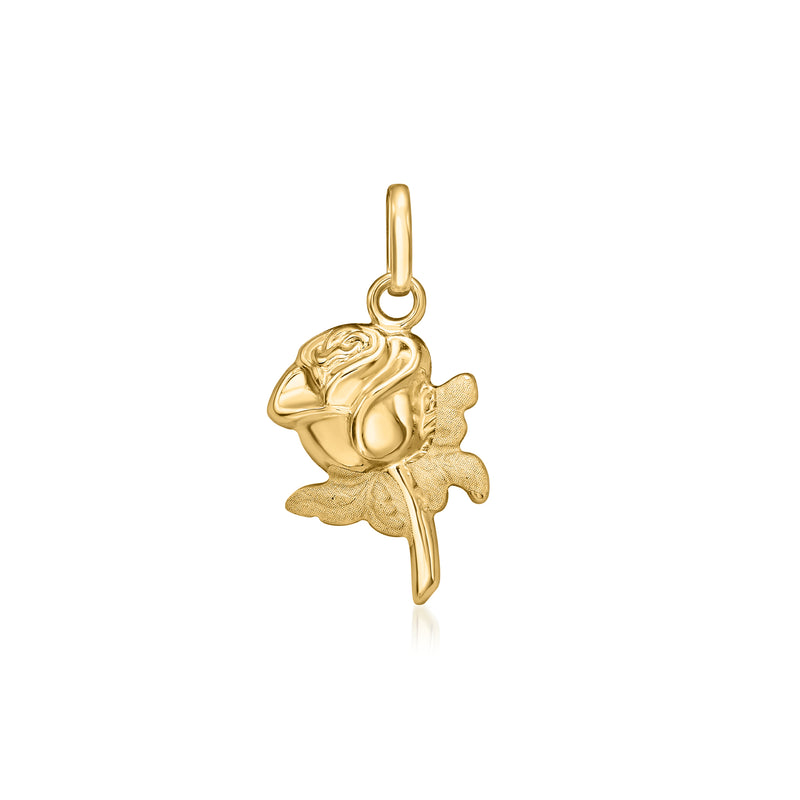 14kt yellow gold rose pendant charm, front view with hanging loop