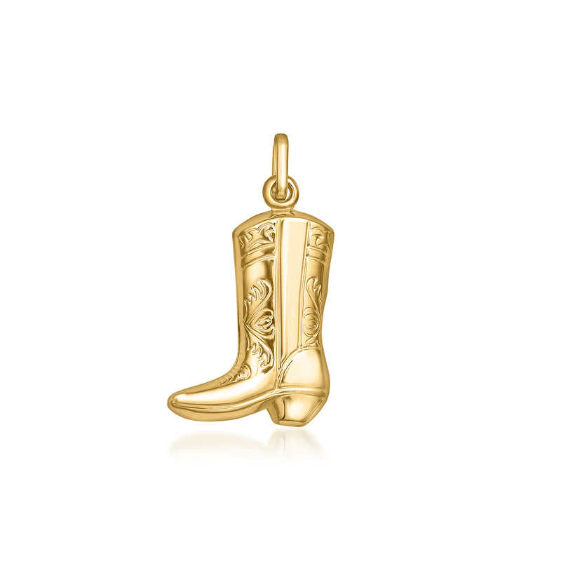 14kt yellow gold cowboy boot charm pendant with embossed front and raised stitching