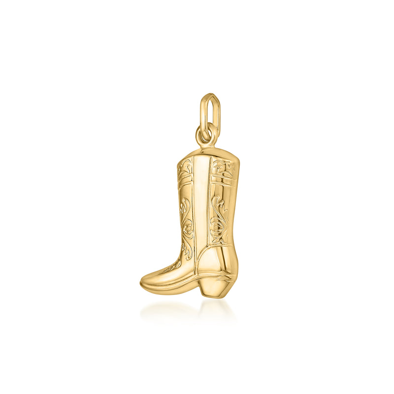 14kt yellow gold cowboy boot charm pendant with loop bail, embossed shaft and heel