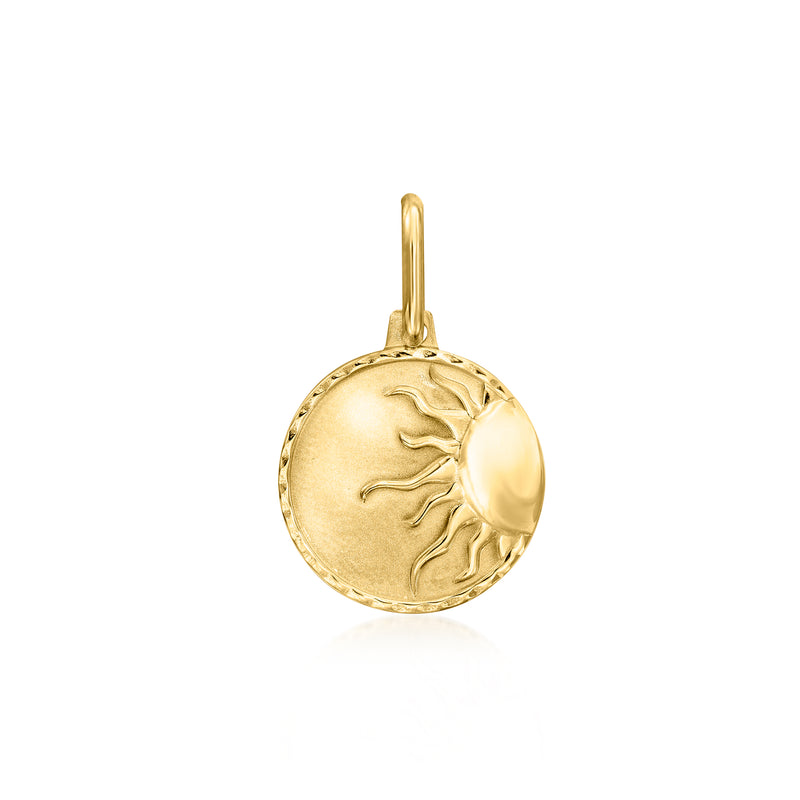 14kt yellow gold sun pendant charm with hanging loop and engraved sun design