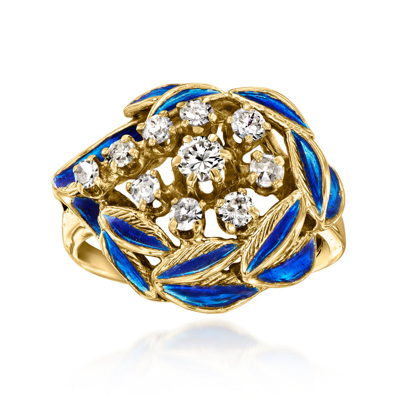 14kt yellow gold leaf ring with blue enamel, set with sparkling round diamonds