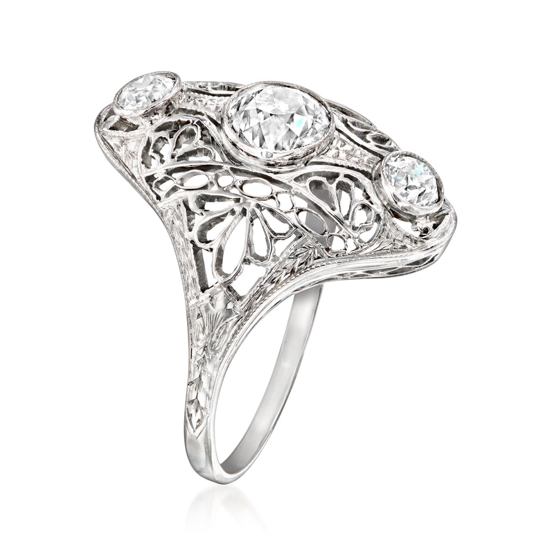 14k white gold diamond ring with ornate filigree and three round stones