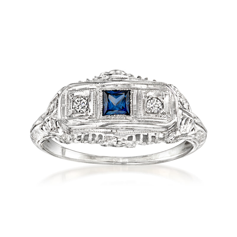 14kt white gold vintage ring with square blue sapphire center and diamond side accents