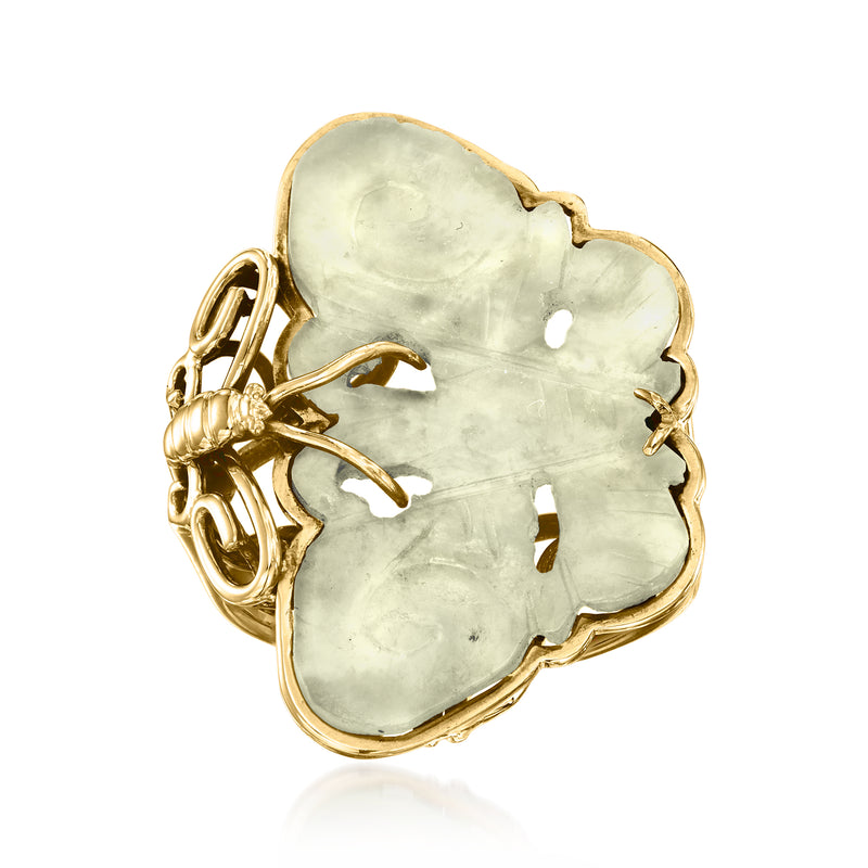 Vintage jade butterfly ring in 14kt yellow gold, pale green carved stone motif