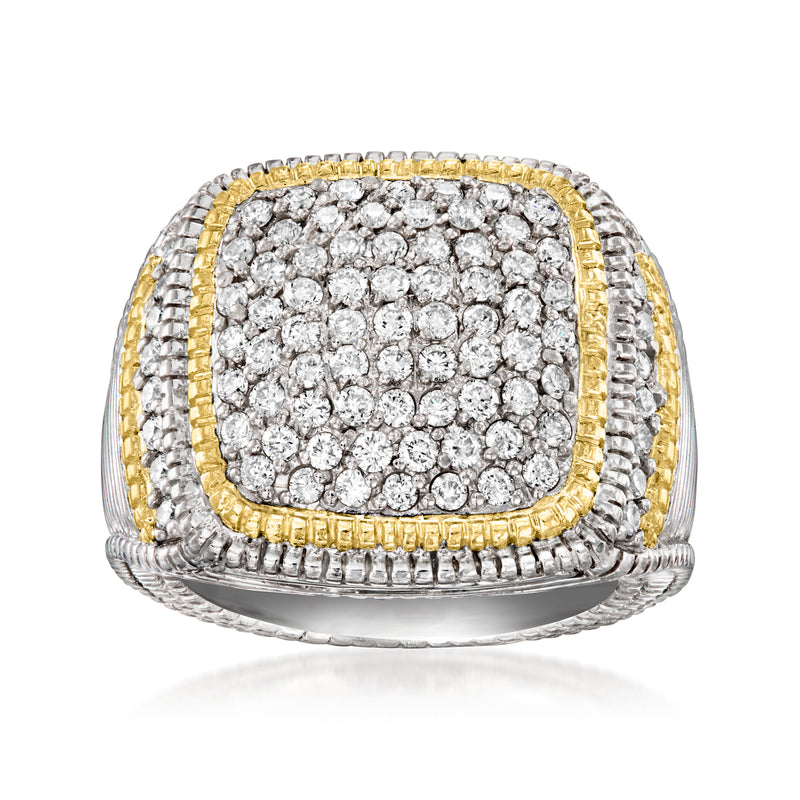 Diamond cluster ring with sterling silver and 18kt yellow gold bezel, round-cut stones