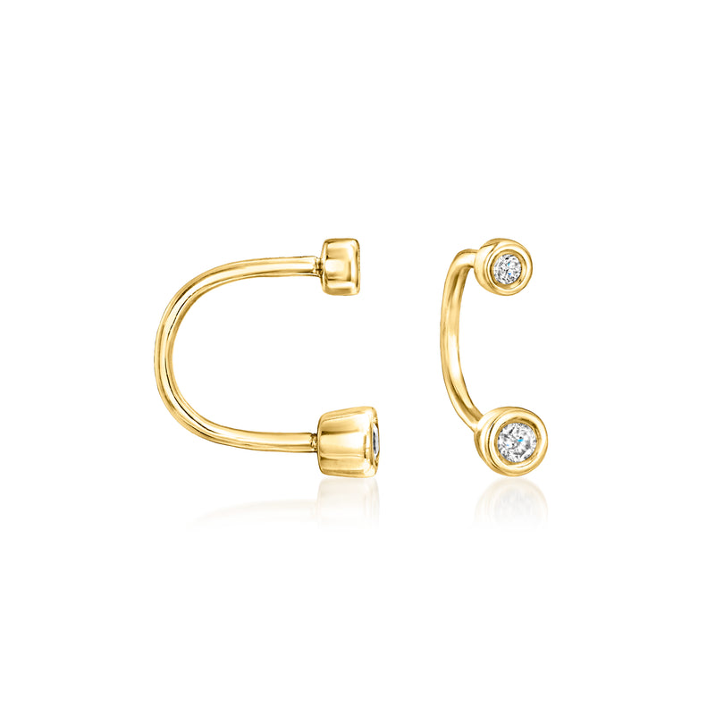 14kt yellow gold U-hoop earrings pair, showing two round diamond bezels