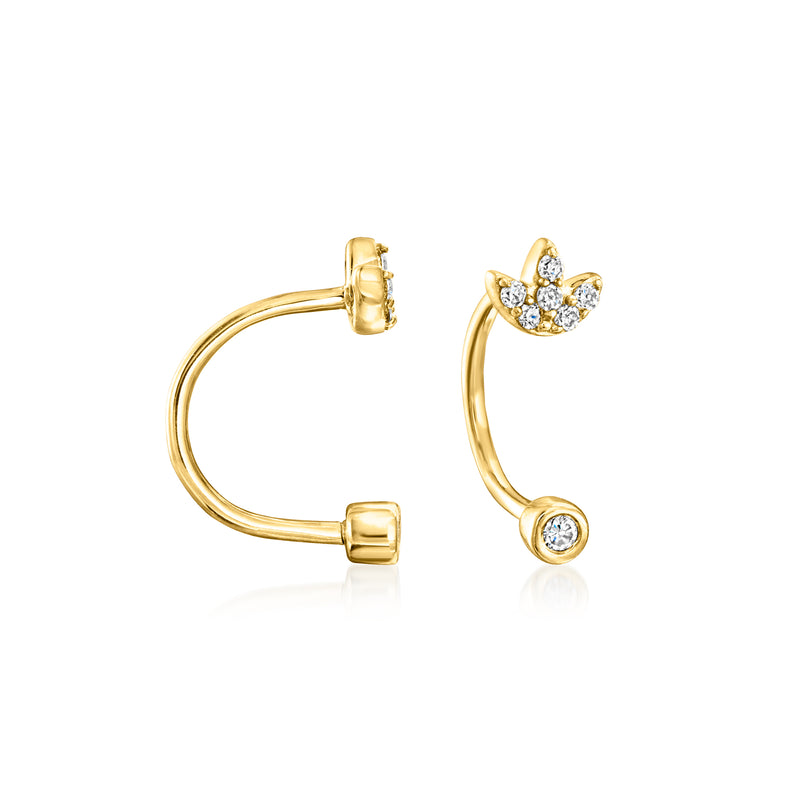 14kt yellow gold U-hoop earring with diamond flower top and small round bezel accents
