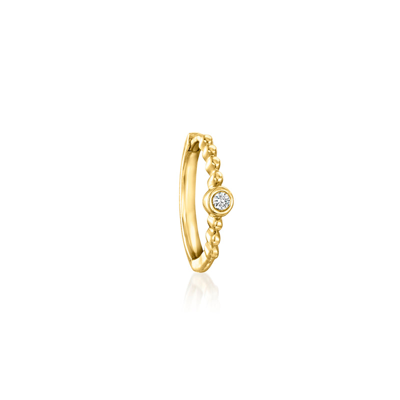 14kt yellow gold hoop earring with round bezel-set diamond, single hoop