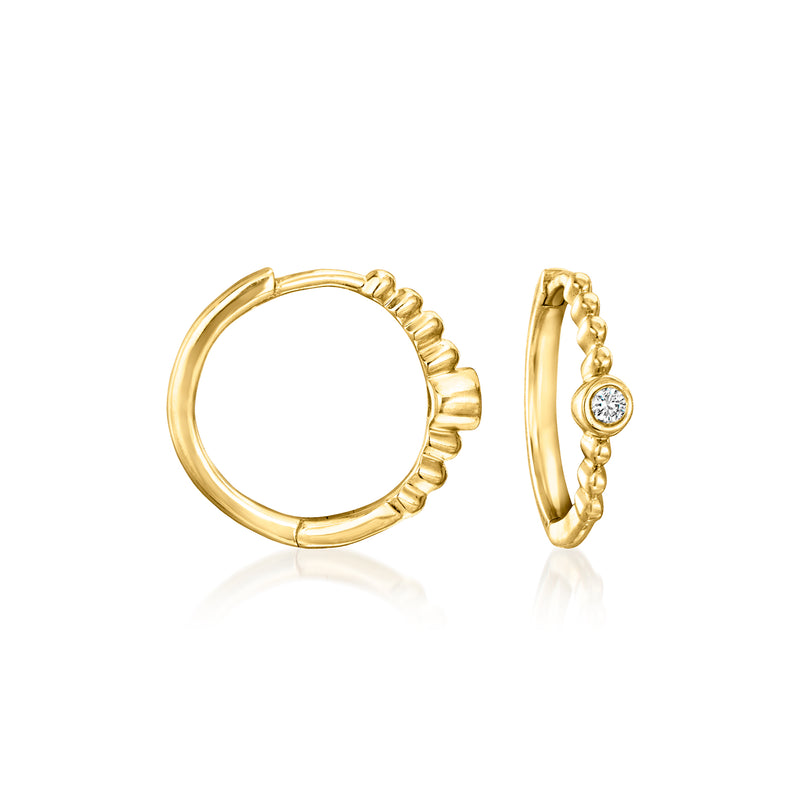 Yellow gold bezel-set diamond hoop earring, front and side views