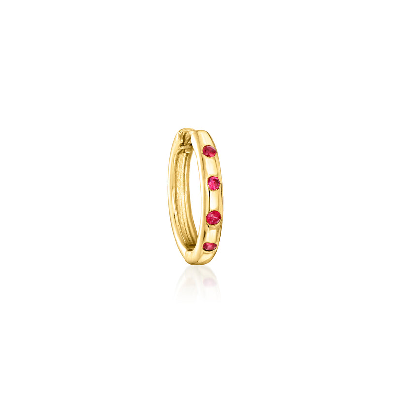 14kt yellow gold clicker hoop earring with three red ruby stones on front