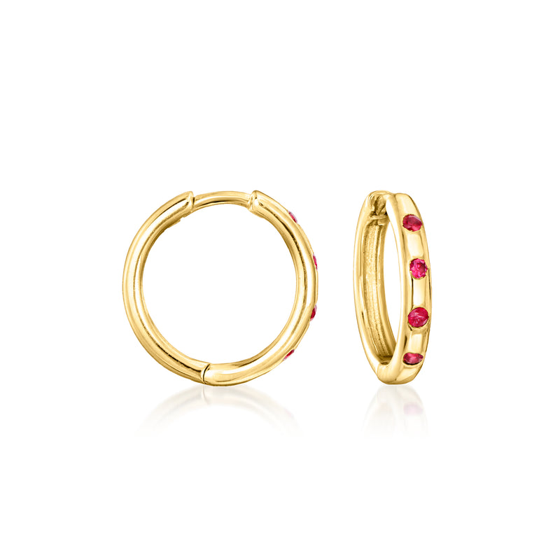 Yellow gold hoop earring with red ruby stones, front and profile view