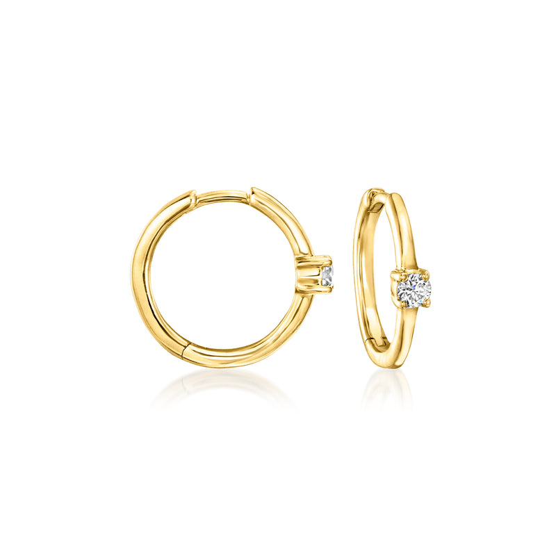 Yellow gold clicker hoop earrings with round lab-grown diamond, side view